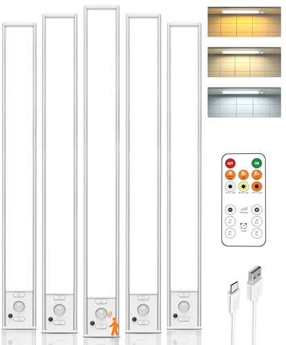 16in Under Cabinet Lighting with Remote, LED Motion Sensor Light Indoor, Rechargeable Closet Lights Wireless, Dimmable, 3 Color Temps, Magnetic Under Counter Lights for Kitchen, Pantry, Stair, 5 Pack