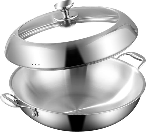 DELARLOCHEF Wok con induzione da 35 cm: Wok con rivestimento a 3 strati in acciaio inossidabile da 35 cm, senza PFOA, PTFE, resistente al forno fino a 400°C, risparmio energetico del 20%, Padella in