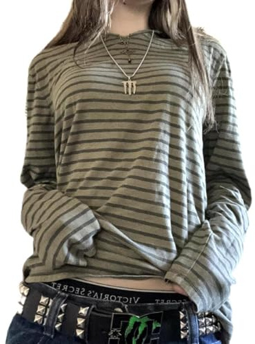Womens Y2k Striped Grunge Shirts Oversized Long Sleeve Sweatshirt 2000s Vintage Harajuku Teens Girls Tee Tops Streetwear (Green Pinstripes, M)