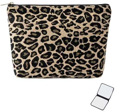 Beige Leopard Print Canvas Cosmetic Makeup Bag with Mini Mirror – Waterproof Zipper Pouch for Travel Toiletry Storage Organizer Women Gift Cute Floral Pattern Pouch Small Gym Gifts (Leopard)