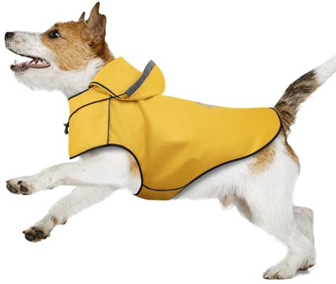 BiPawTi Small Dog Raincoats Waterproof, Soft Lightweight Dog Raincoat with Adjustable Drawstring/Reflective Strip/Leash Hole, Hooded Reflective Waterproof Coat for Dogs Walking, Yellow Rain Coat - S