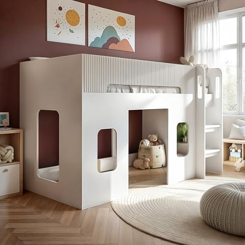 Flair Furnishings - Lino Playhouse Kids Mid Sleeper Bed, Heavy Duty Single Mid Sleeper Cabin with Space Underneath, Imaginative and Playful, Sleek with Modern Ribbed Exterior (White)