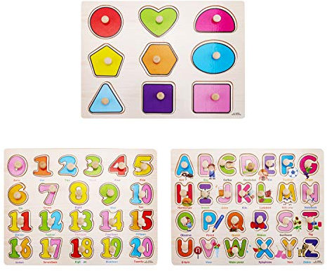 DesignerBox Set of 3 Wooden Peg Puzzles for Toddlers - Numbers, Alphabet and Objects Sorter Educational Knob Playset Toy (Style 2)