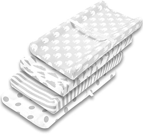 Changing Pad Cover – Premium Baby Changing Pad Covers 4 Pack – Boy or Girl Changing Pad Cover – Pure Jersey Knit Machine Washable Grey and White Changing Table Cover – Diaper Changing Pad Cover Sheets