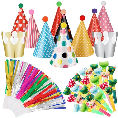Skylety 59 Pieces Party Cone Hats with Colorful Blowers and Metallic Fringed Noisemakers Birthday Blowouts Horns Whistles Musical Noisemaker for Adults Birthday Party Supplies