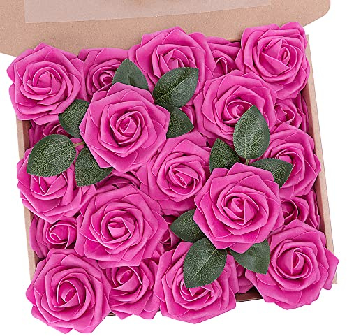 N&T NIETING Fiori Rosa Artificiali,25 Pezzi Schiuma Teste di Rose Finte Aspetto Reale con Foglia e Gambo Regolabile per DIY Matrimoni Mazzi Nuziale Festa Casa Stanza Decorazioni (rosa acceso)