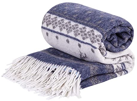 LYHome Merino Decke - Kuscheldecke Tagesdecke Sofa Wolldecke, Blanket Überwurfdecke Sofadecke Wohndecke, Flauschige Couchdecke Merinodecke, Flauschig Warm Plaid (140x200 cm | Marineblau Rentiere)