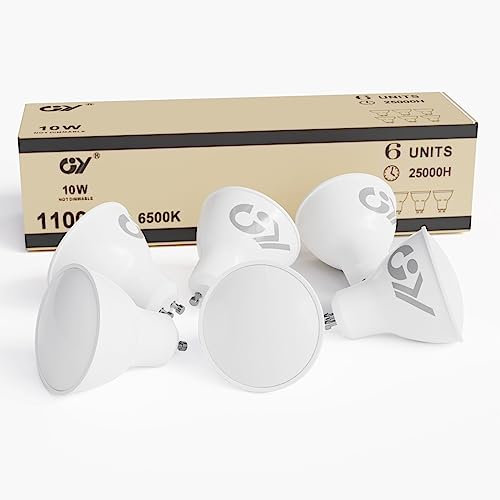 GY Ampoules LED GU10 10W(équivalent 100W) 1100LM, 6500K Blanc Froid, 120° Larges Faisceaux, Verre Dépolie, Ampoule GU10 Led Non-Dimmable 6 Unité (Lot de 1)