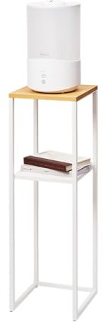 Yamazaki 5983 Tower Regal mit Holzplatte und 2 Ebenen, weiß, Stahl/Bambus, Minimalistisches Design, 25 x 25 x 80 cm (LxBxH)