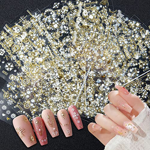 30 Feuilles 3D Design Stickers Ongles, Or Métallique Autocollant Ongle Design de Luxe Auto-adhésif avec Diamants 3D Nail Art Stickers pour Bricolage Autocollant à Ongles (A)