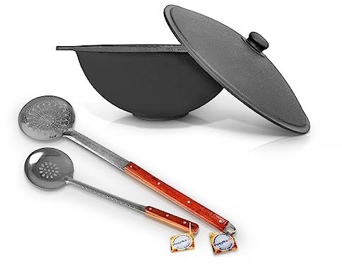22 L Gusseisen Kazan 2x Schaumlöffel mit Aluminiumdeckel Kochtopf Asia казан Uzbekisch Kochtopf Schaumlöffel WOK Plov плов казан Kasan Feuerofen Namangan