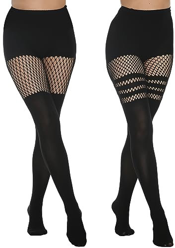 MANZI Netzstrumpfhosen Damen Schwarz Blickdichte Overknee Strümpfe Fischnetz Strumpfhose mit Muster 2 Paar,Striped+Grid