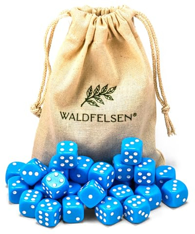 Waldfelsen® Högkvalitativa tärningar, 6, 12, 20, 30 eller 50 stycken, i standardstorlek: 16 mm, 6-sidiga akryltärningar, speltillbehör, i set med tygpåse (himmelsblå, 30 stycken)