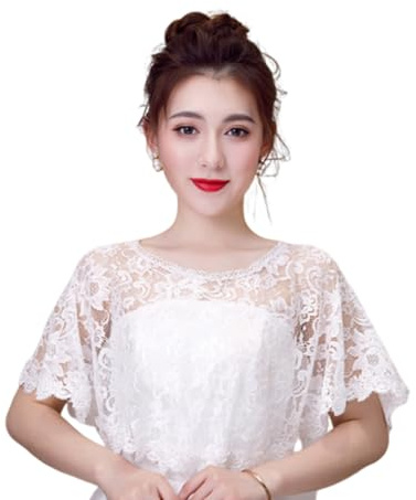 SamHeng Capa de Boda para Novia, Elegante Flor Bordada Bolero Mujer Envoltura de Chal Cobertura de Hombros Damas de Honor Capelets para Vestido de Noche Formal Disfraz de Fiesta (Blanco)