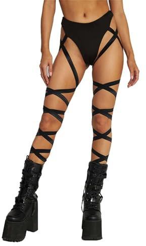 Damen Rave Shorts Mit Beinwickel - Sexy Festival Outfit Accessoires High Waist Slip Bikini Kurze Hose Booty Tanga Gothic Kleidung Party Pole Dance Schwarz Hotpants Halloween (Black, XS, 1339r)