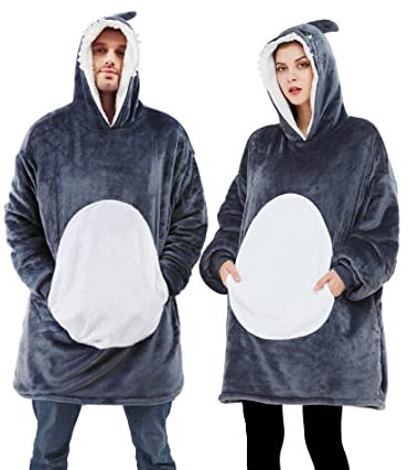 dressfan Grau Hai Tragbare Decke Mikrofaser & Sherpa Deckenpullover,Halloween Karneval Hai Kostüm Hoodie,Warme Weich Decke mit Ärmeln und Kapuze für Damen Herren