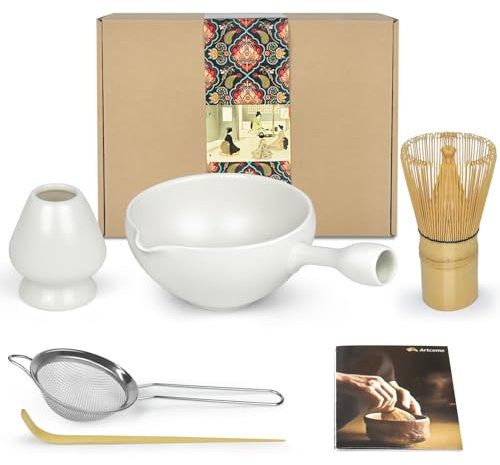 Artcome Matcha-Zeremonie-Set für Japanische Teezeremonie - Schüssel Mit Ausgießer und Griff, Bambus-Schneebesen, Teeset für Usucha, Koicha und Matcha Latte (5 Stück)