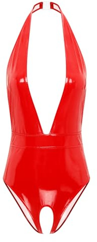 Kaerm Women's Sexy Leather Wet Look Lingerie Bodysuit Halter Neck Backless Leotard Catsuits Red S
