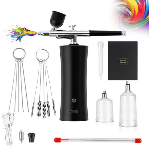 Holzsammlung Airbrush Set, Spritzpistole Set mit Kompressor, Tragbares Kabelloses Airbrush Kit Wiederaufladbares Hand Airbrush für Schminke, Kuchendekoration, Modellfärbung, Nagelkunst, Tätowierung