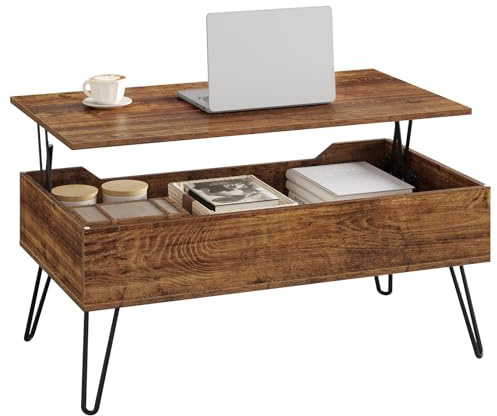 WOLTU Mesa de Centro Elevable y Extensible con Espacio Interno, Auxiliar con Patas Metálicas para Salón, 95x50x(40-55,5) cm, Madera Vintage, BTS18hov