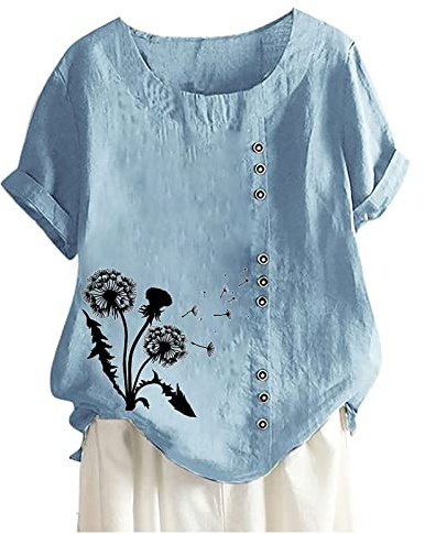 FOCLMP Women Print Gauze Shirts Cotton Linen Short Sleeve Tops Casual Summer Blouses Tunic Trendy Vacation Clothing Clothes for Girls Purple 3X