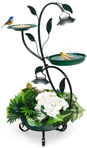 SOARS Abbeveratoio per uccelli con luce solare, mangiatoia per uccelli con mangiatoia per uccelli, vasca per uccelli e vaso per fiori, decorazione in stile vintage, resistente alle intemperie, per