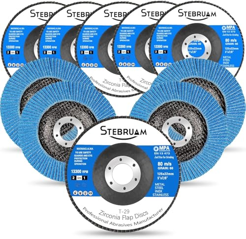 STEBRUAM Paquete de 10 Discos Abrasivos 125mm para Amoladora Angular 60 grano Zirconia Disco para Pulir Juntas de Óxido de Aluminio Tipo 29