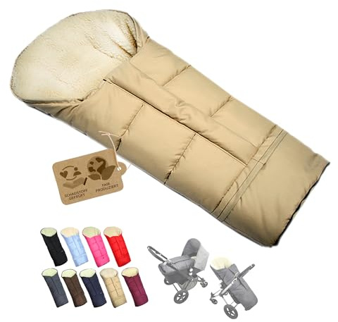 Fotsäck [vinteråkpåse för barnvagn] buggy släde, gosig påse, universell mumiform med lammull, storlek, justerbar, varm, tvättbar med dragkedja (beige)