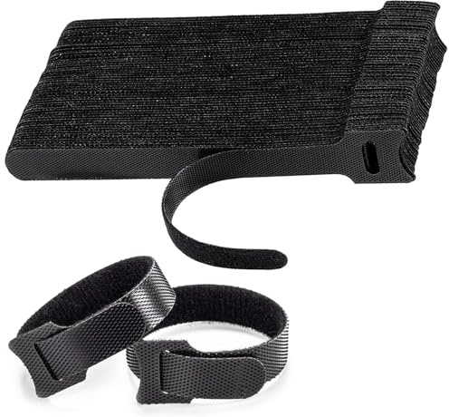 100 x Black Adjustable Reusable Cable Straps, 150x12 mm, Hook and Loop, Long Cable Ties for Headphones, Phones, Electronics Under Desk Cable Management Straps