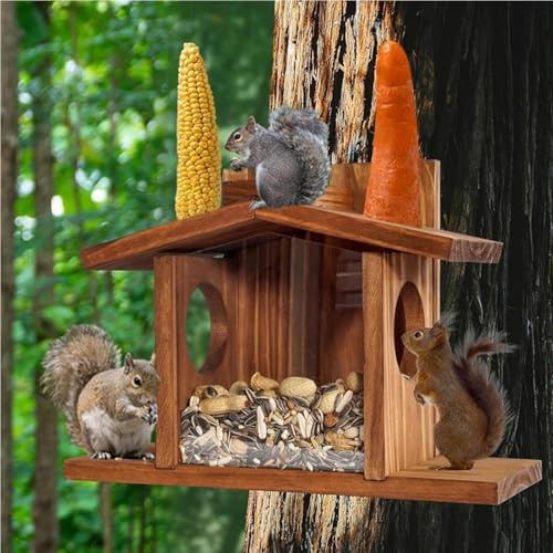 Mangeoire en Bois pour Écureuils, 33x12.7x23.6cm Mangeoire pour Écureuils, Maison D'écureuil Durable avec Toit Flexible, Mangeoire À Oiseaux Visible avec Un Panneau Amovible