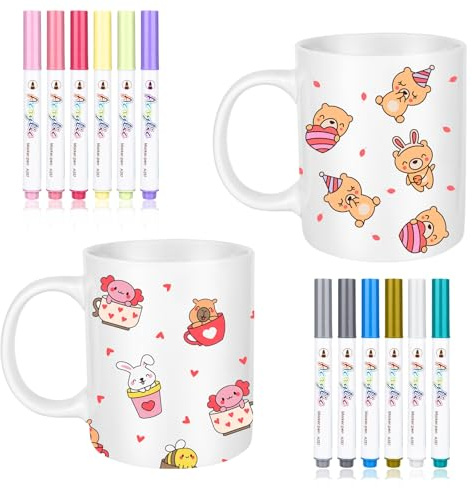 2 tazze da dipingere con 12 colori, matite in porcellana impermeabile, tazze in ceramica bianca da dipingere, per coppie, partner, compleanno, fai da te