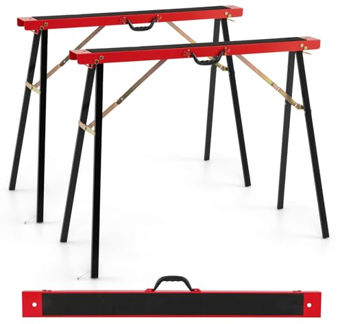 COSTWAY Folding Saw Horse Twin Pack, Heavy Duty Workbench with Non-slip Top & Hinge Brace, Fully Assembled Metal Trestle Stands Sawhorse, Max Load 375kg (Black + Red)