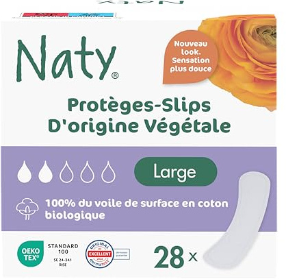 Naty Protège-slips Large | Voile supérieur 100% en coton bio certifié| Sûrs pour la peau | Sans parfum, 0% plastique conventionnel| Confortables & respirants | 28 protège-slips