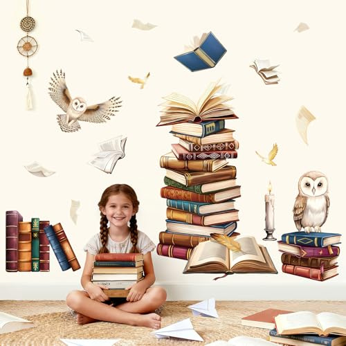 decalmile Pegatinas de Pared Libro Mágico Infantiles Vinilos Decorativos Búho Libro Volador Adhesivos Pared Aula Niños Habitación Dormitorio Guardería