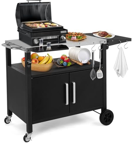 Outopee Carrello da pranzo per barbecue da esterno, carrello da portata per forno per pizza con ruote, parte superiore in acciaio inossidabile, maniglia laterale, mobiletto portaoggetti, 6 ganci