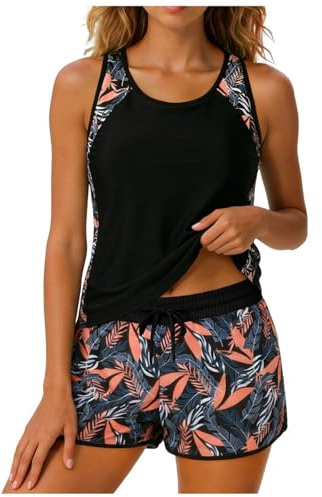 Maillot De Bain 2 Pièces pour Femme Ensembles De Tankini à Deux Bretelles sans Manches Rembourré Athlétique Et Modeste Assorti d'un Short Boxer à Imprimé De Palmier Maillot De Plag