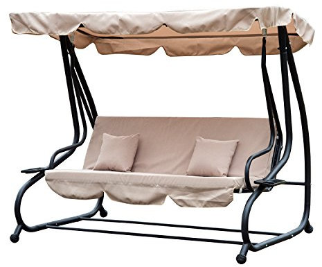 Outsunny 2-in-1 Garden Swing Seat Bed, 3 Seater Convertible Swing Chair Bench with Tilting Canopy, Cushioned Seat and 2 Pillows for Patio, Garden, Light Brown