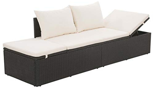 Lettino Prendisole Reclinabile da Giardino Esterno in Polirattan Nero con Schienale e Cuscini, Divano da Sole 3 Posti in Rattan 195x60x60cm