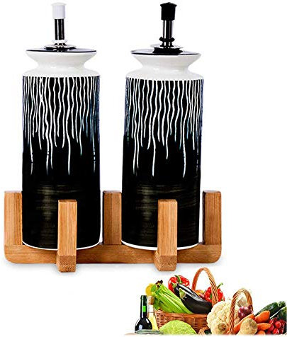 AILZNN Traditional Porcelain Set of Olive Oil & Vinegar Bottles with Stainless Steel Pourers, Ceramic Oil Bottle Kitchen Oil Container Sauce Cruet Unique Handpainting with Wooden Stand, 300ml