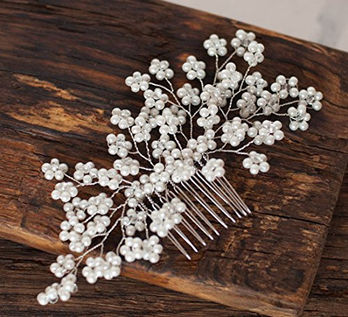 Chargances Pearl Beads Hair Comb for Women and Girls Wedding Bridal Hair Piece Boho Hair Accessories (Silver)