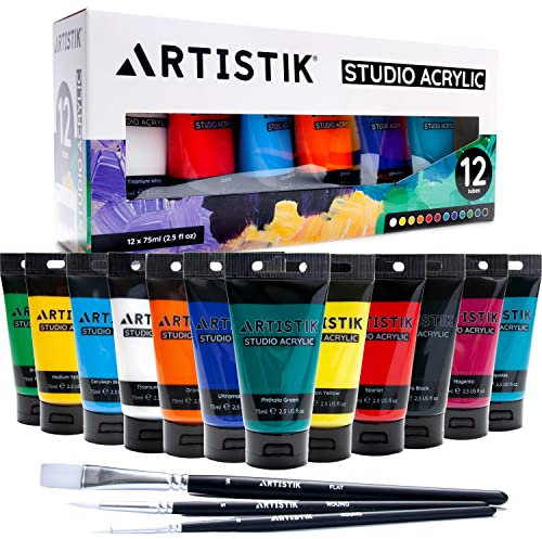 ARTISTIK Studio Acrylic Paints - 12 x 75ml Acrylic Paint Tube Set with 3 Brushes - Premium Student Quality Highly-Pigmented Colours Non-Toxic for Canvas, Paper, Wood and More