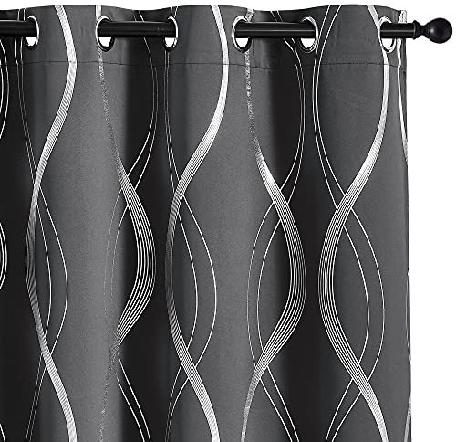 PONY DANCE Vorhang Grau Blickdicht 2er Set H 220 x B 140 cm Wohnzimmer Gardinen mit Ösen Verdunkelung Thermogardinen Kälteschutz Verdunklungsvorhänge mit Linien-Foliendruck