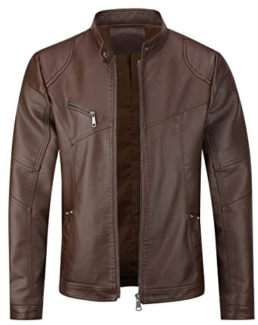 Sliktaa Hommes Blouson en Similicuir Écologique d'hiver avec Un Col Montant Haut de Transition Matelassee Moto Pilote Zippé Fermeture Eclair Casual Veste en Cuir Cool Classique #PY08 Marron L