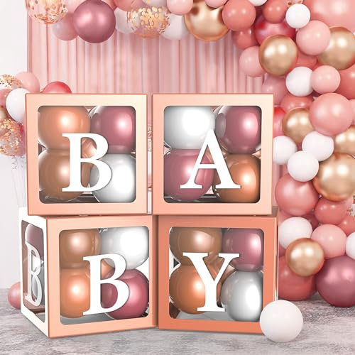 71Stück Babyparty Dekoration mit Luftballons und Buchstaben–Enthalten 33 Luftballons, 4 Durchsichtige Schachteln, 34 Buchstaben BABY*2+A-Z, Gender Reveal Party Deko, Baby Boxen Deko für Junge Mädchen