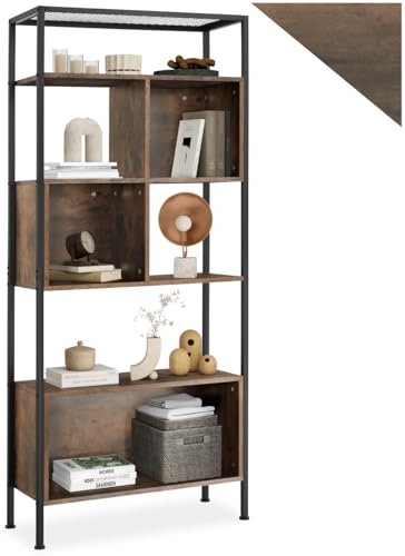 tectake® Industrial Regal 5 Ebenen, 75 x 31 x 170,5 cm, Bücherregal, Raumteiler mit Staufächern, Standregal für Wohnzimmer, Küche, Büro, offener Kleiderschrank - Industrial Holz Hell, Eiche Sonoma