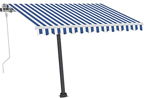 Homgoday Retractable Manual Awning for Outdoor Awnings for Balconies Awning for Outdoor Sun Awning with Extendable Arms with LED 300 x 250 cm Blue and White