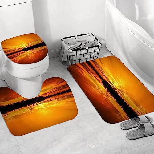 EKSED Badteppich 3 Stück Weiche saugfähige Badematten,Sonnenuntergang orange Seewasserreflexionslandschaft,rutschfeste Badematte Teppiche & Toilettendeckelabdeckung Set Waschbar