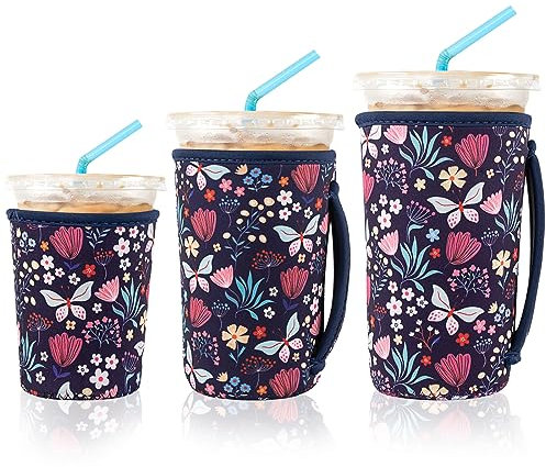 KJQJLY 3 återanvändbara iskaffeärmar för iskaffekoppar eller drycker, återanvändbara neoprenisolerade ärmar för varma och kalla drycker från Starbucks, Dunkin, och mer (fjärilsbuske)