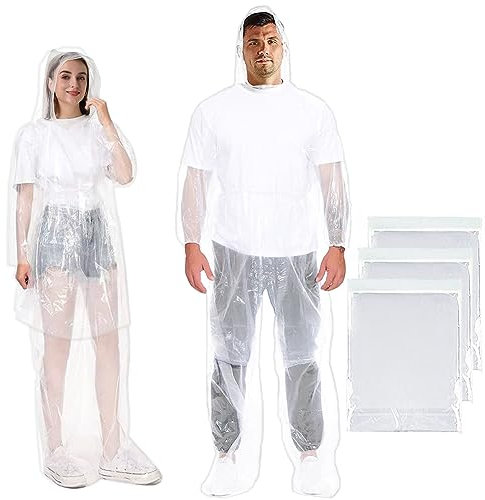 AuRiver 3 Sätze Regenponcho Einweg mit Hose, Regenponchos mit Kapuze, Regenponcho, Transparent Wasserdicht Regencape, Regenumhang für Erwachsene, Damen & Herren (Transparent- Mit Schuhüberzieher)