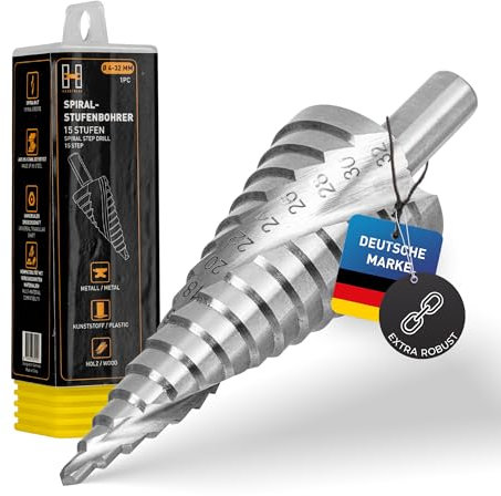 Hardtwerk Foret étagé | Foret conique Ø 4-32 mm | En HSS de qualité supérieure | Tige triangulaire universelle | Foret à éplucher idéal pour le métal, le bois, le plastique | Foret conique 15 niveaux